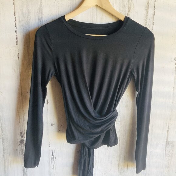 NWOT Three Dots Wrap Knit Top XS Black Tee Long Sleeve Sash Belted Jersey Knit - Picture 1 of 9
